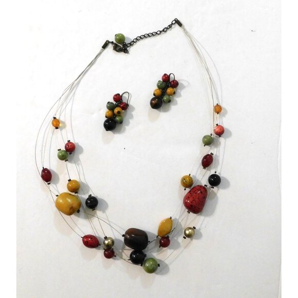Multicolor Bead Necklace Pierced Earrings Set 4 Strand Wire Adjustable - Picture 8 of 10